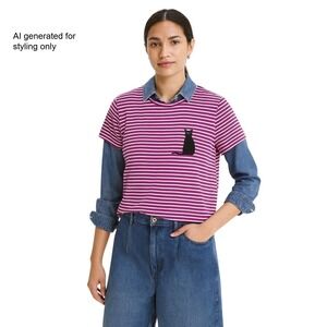 Poolhouse Burgundy White Striped Cat T Shirt Womens Medium‎ Graphic Tee